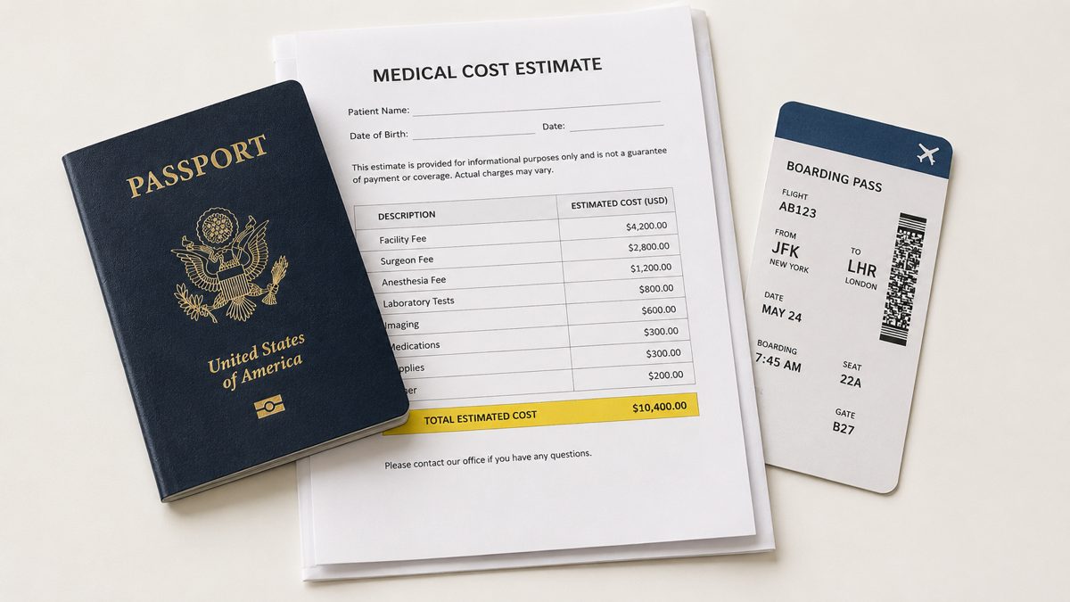 US passport on top of a medical cost estimate beside a boarding pass